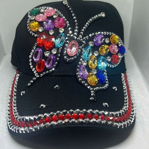 Butterfly Bling Hat – Black Baseball Cap with Colorful Rhinestones & Jewels - Picture 1 of 5